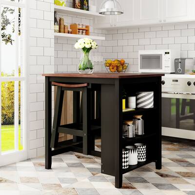 Wood 3-Piece Counter Height Dining Kitchen Set with 2 Suspensible Stools, 3-tier Storage for Small Places