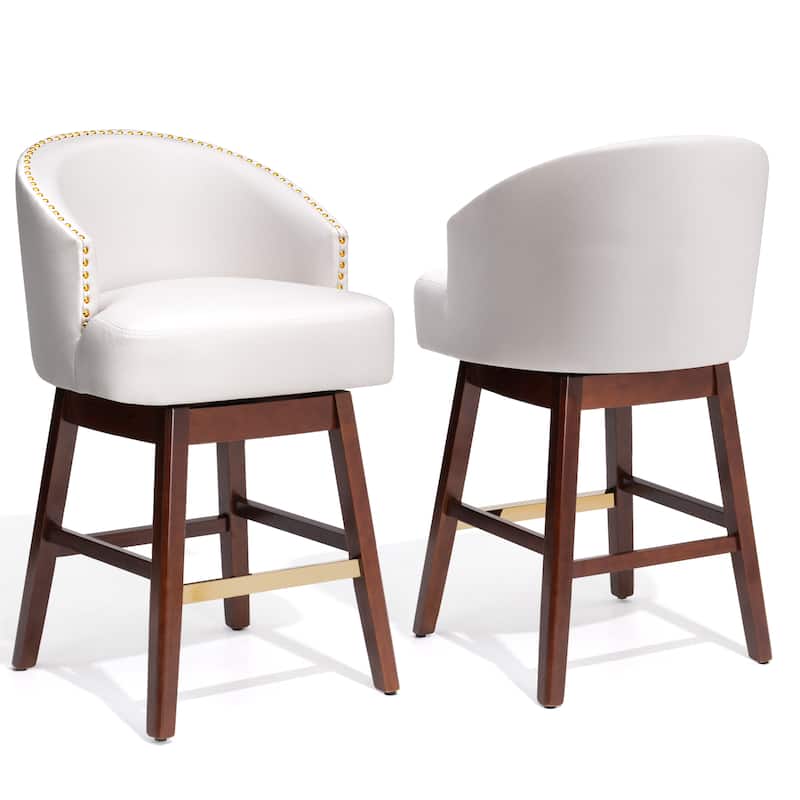 Bar Stools PU Leather / Linen Fabric Upholstered Wood Swivel Barstool Set of 2 or 4 - Set of 2 - White-26.4 inches seat height