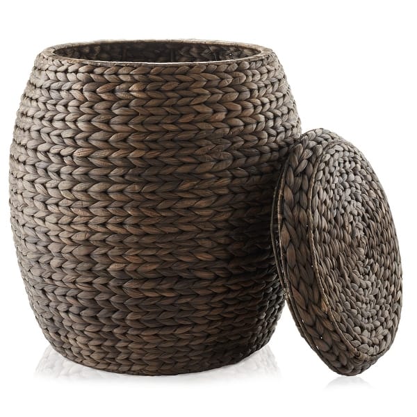 Round Water Hyacinth Storage BasketHamper with Lid - Espresso