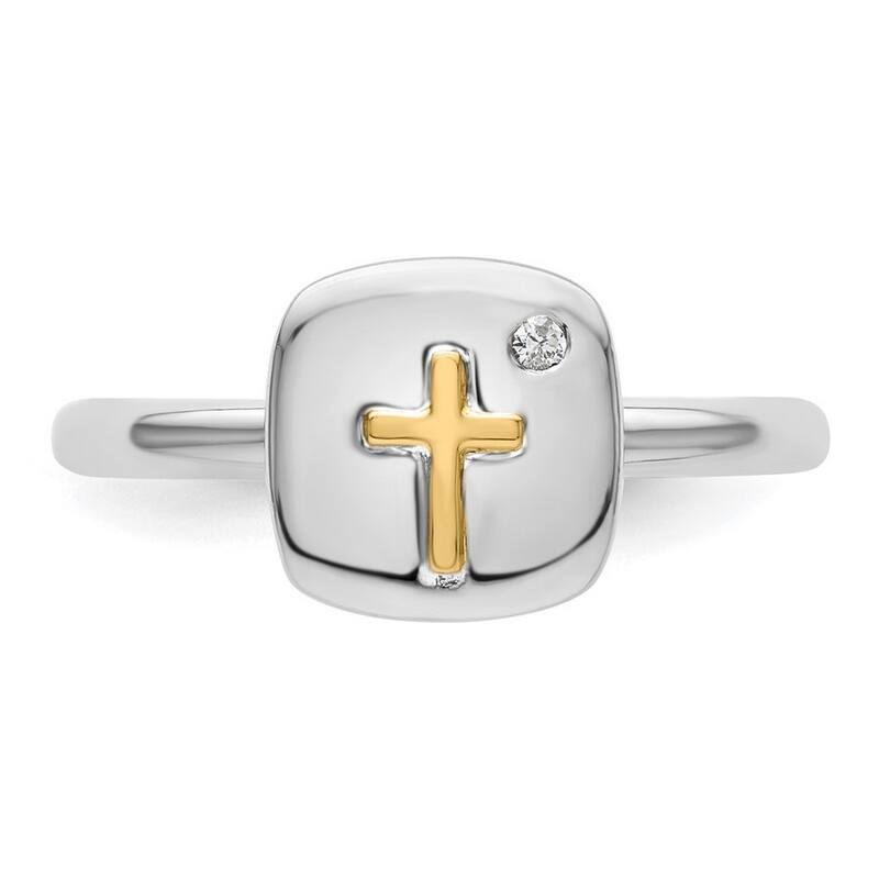 Curata 2.25mm 925 Sterling Silver and 14k Religious Faith Cross Stackable Expressions Diamond Ring