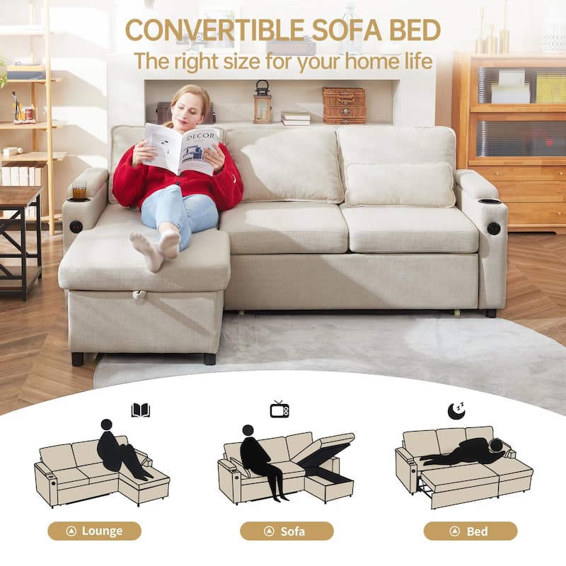 Convertible Sleeper Sofa 3-in-1 Pull Out Sectional Sofa Bed L/U-Shaped Couch with Storage Chaise