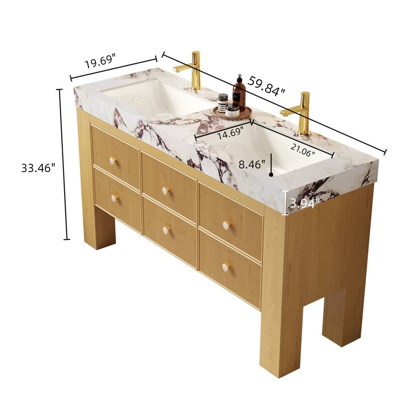 GDFStudio - Lonis Modern 60" Freestanding Bathroom Vanity with 6 Drawers & Dual Ceramic Basins