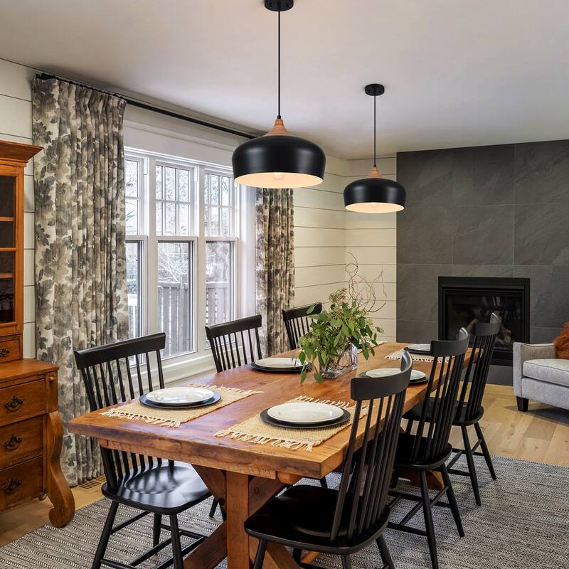 Farmhouse Matte Black Dome Pendat Light with Wood - 13.8