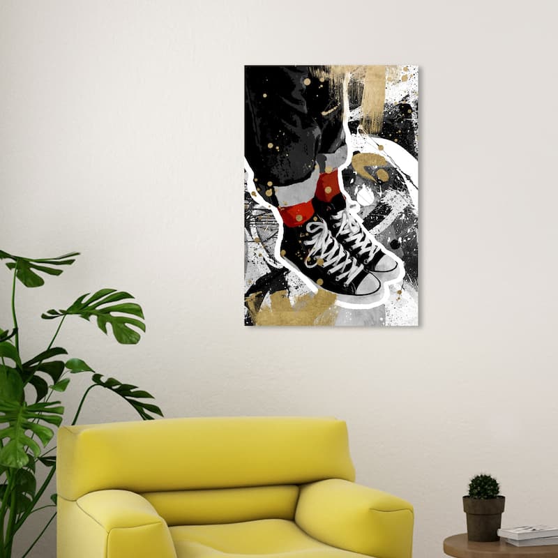 Wynwood Studio Fashion and Glam Cool Kid Sneakers Black and Metallic Gold Modern & Contemporary Wall Art Canvas Print - 30 x 20