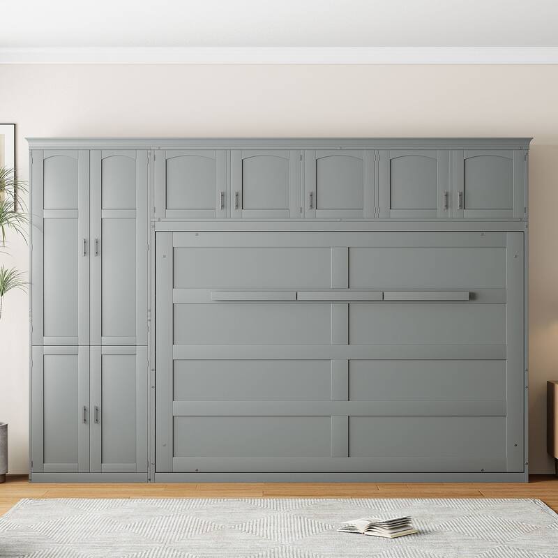 Queen Murphy Wall Bed with Integrated Storage Cabinets, Wardrobe and Drawers, Foldable Design