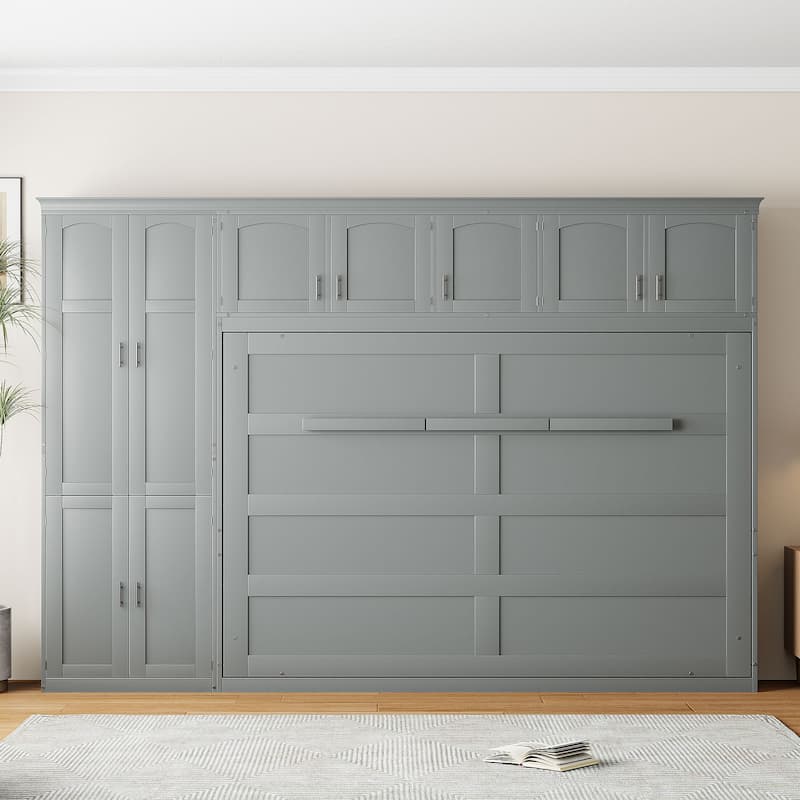 Queen Size Murphy Bed Storage Wall Bed Frame with Cabinets, Solid Wood Storage Murphy Cabinet Bed, No Box Spring Needed聽