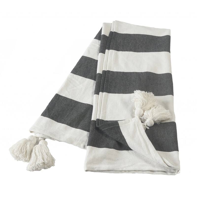 50" X 60" Gray and White Woven Cotton Striped Throw Blanket with Tassels