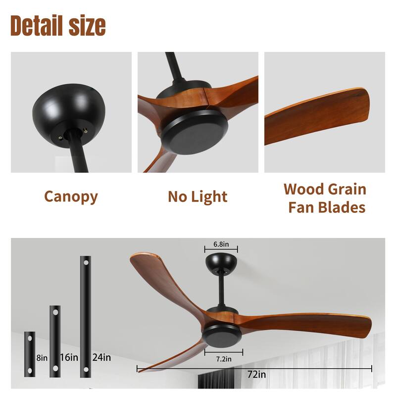 72 Inch Wood Ceiling Fan with Remote Control, Low Profile Ceiling Fan Without Light,Noiseless Reversible DC Motor with Timer