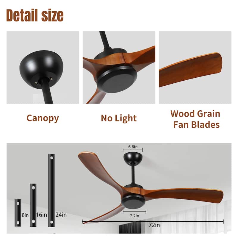 72 Inch wood Ceiling Fan with Remote Control, Low Profile Ceiling Fan without Light,Noiseless Reversible DC Motor with Timer