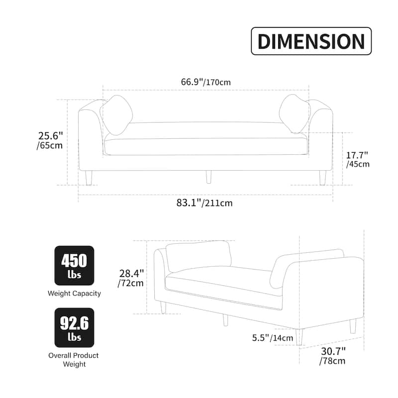 Modern 83.1" Upholstered End of Bed Bench with Armrests, Chenille Accent Reading Bench with Pillows and Wood Legs for Bedroom
