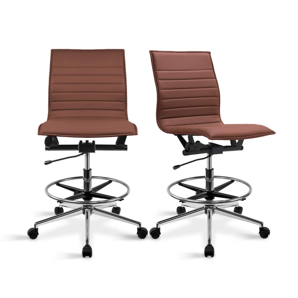 Set of 2 Modern Drafting Chair Upholstered PU Leather Ribbed Armless Mid Back with High Adjustable Base & Leg Rest