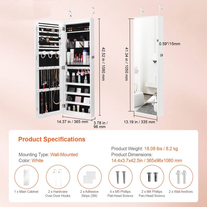 Wall Mounted Jewelry Cabinet with Full-Length Mirror and Lock
