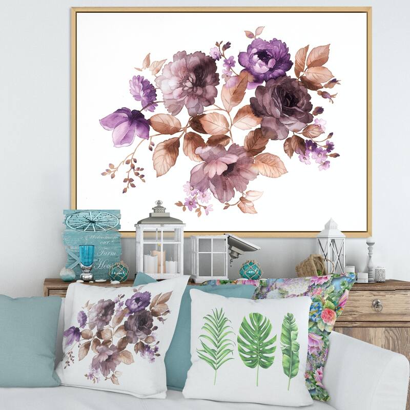 Designart "Purple Retro Flowers With Brown Leaves" Traditional Framed Canvas Wall Art Print
