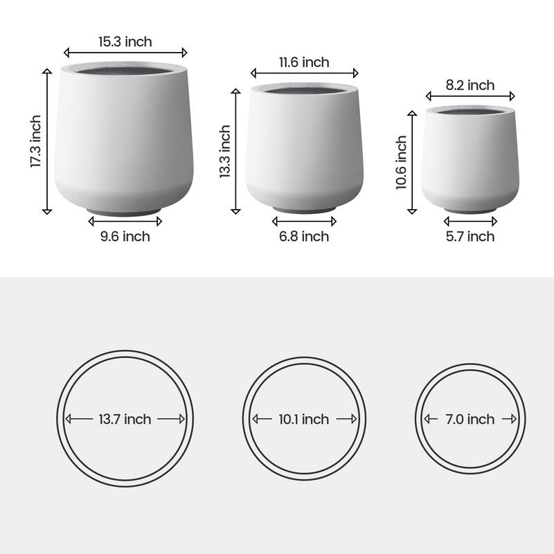 Plantara 17", 13", & 10" H Round Solid White Concrete planter (Set of 3), Outdoor Modern Planter pot,Flower pot for Garden