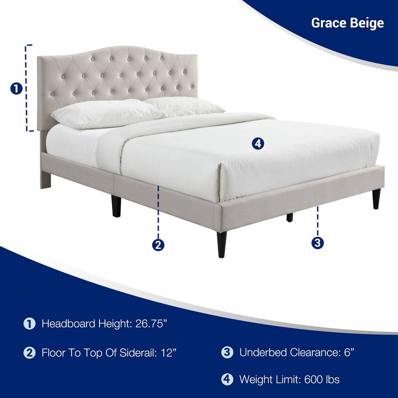 Grace by Ovis Upholstered Button-tufted Platform Bed Frame - Beige - King