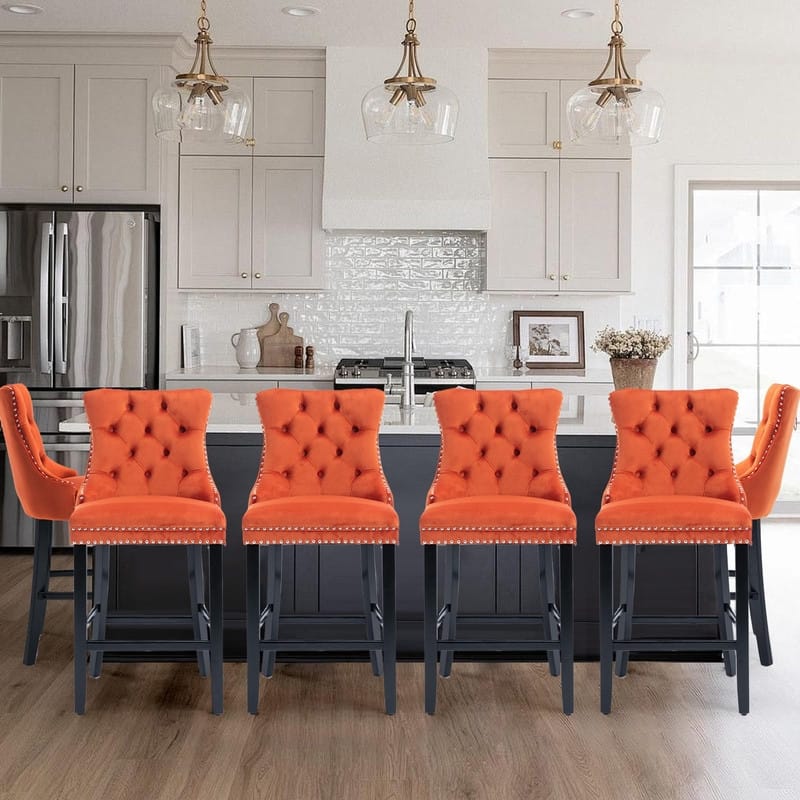 Wing Back Velvet Tufted Nailhead Barstools(Set of 6) - Orange Velvet