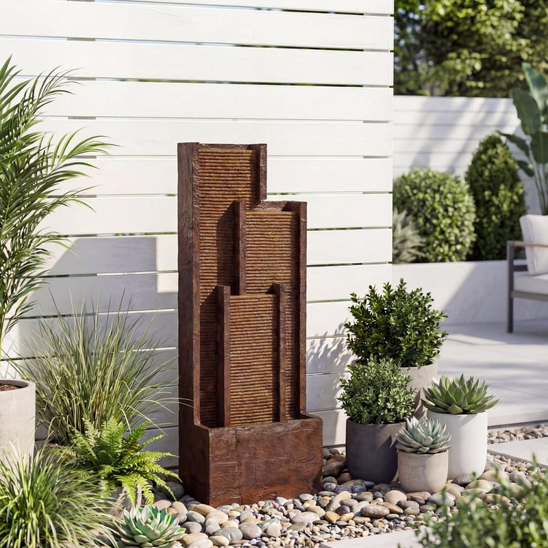 Vbal 3 Tier Brown Step Style Outdoor Water Fountain 39.76in Height with Warm Lights