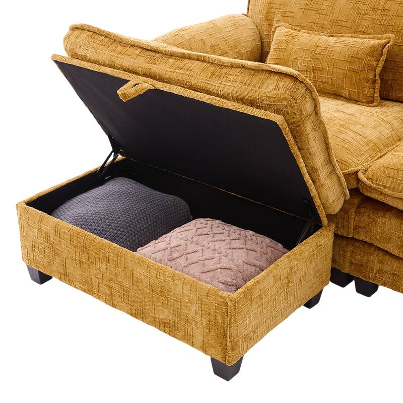 Modern Chenille Chaise Couch L-shaped Sectional Sofa with Storage Ottoman, Phone Holder, USB/Type-C Ports and Side Pockets