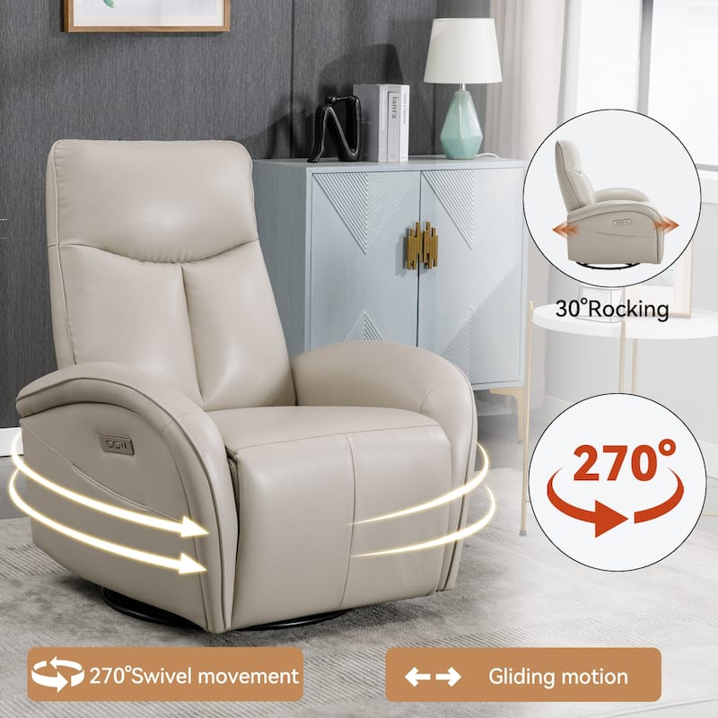 Genuine Leather Power Recliner Chair, 270° Swivel Rocker, USB, Type-C - Beige+Grey
