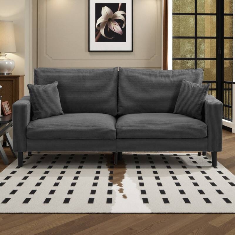 74" Corduroy 3-Seater Sofa with Wooden Frame, High-Resilience Foam Cushions, and Modern Design - Dark Gray