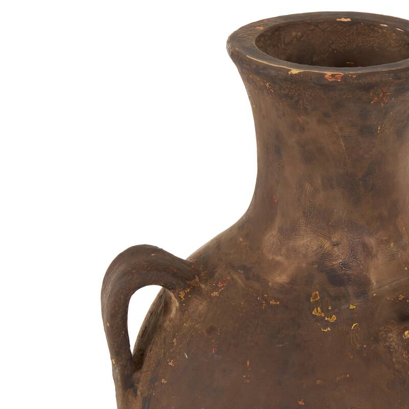 Ceramic Antique Style Distressed Vase with Handles - Dark Brown - Roche River Decor - 11"W x 10"L x 24"H