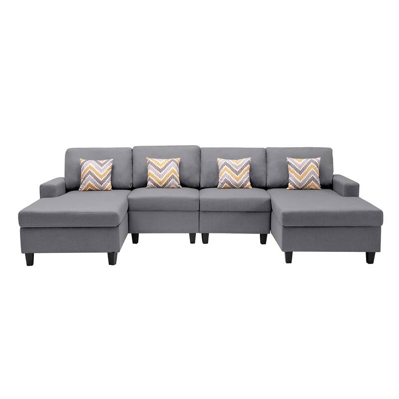 Linen Fabric 4 Piece Double Chaise Sectional Sofa with 4 Pillows and Interchangeable Legs