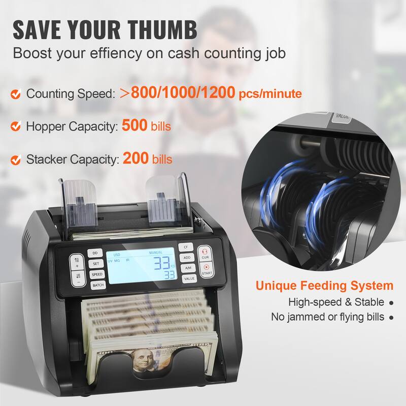 VEVOR Money Counter Machine, Bill Counter with UV, MG, IR and DD Counterfeit Detection
