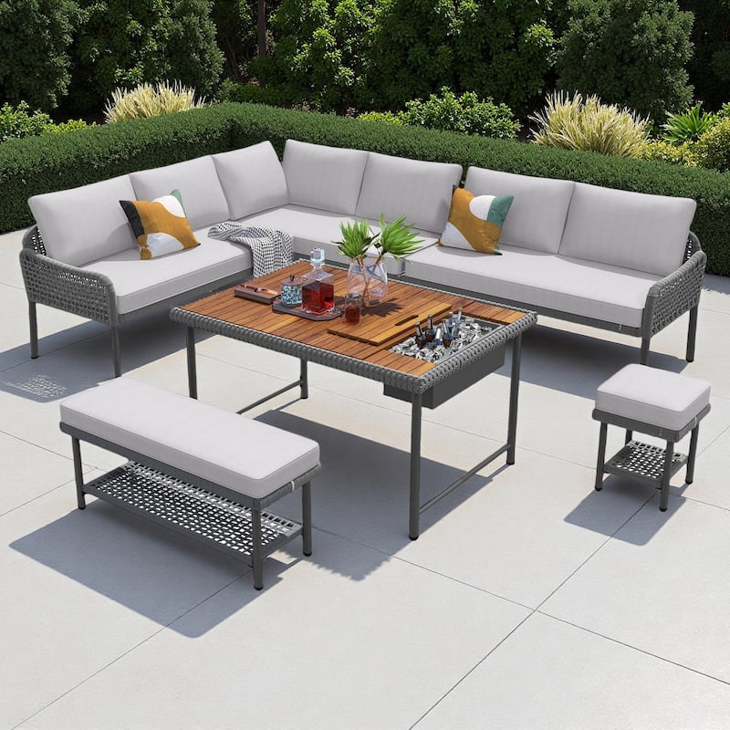 6-Piece Outdoor Patio Rope L-Shaped Sectional Sofa Set with Acacia Wood Table and Ice Box - Grey
