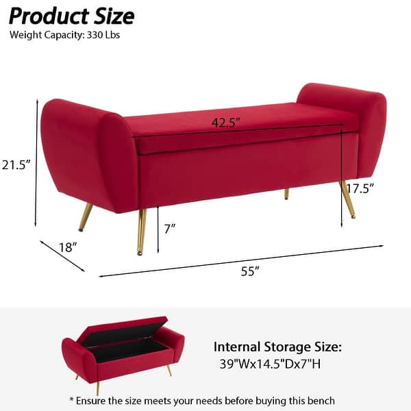 dimension image slide 18 of 20, Upholstered 55"W Flip Top Storage Bench Bedroom Bench Modern End of Bed Bench for Entryway Hallway Window with Gold Legs