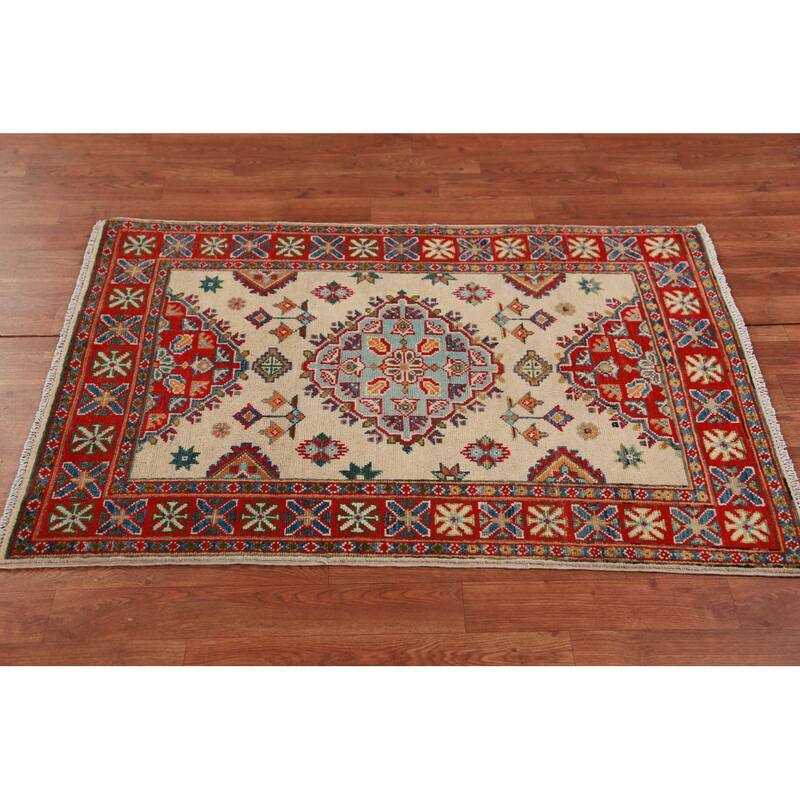Ivory Kazak Foyer Rug Hand-Knotted Wool Carpet - 2'8"x 4'1"