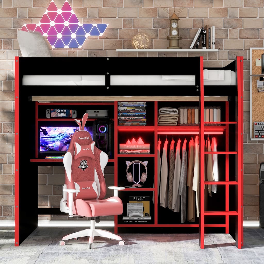 Full Size Gaming Loft Bed with LED Lights, Built-in Desk, Storage & USB Port