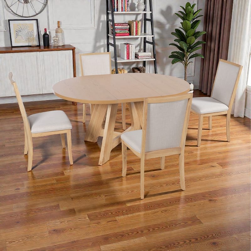 5-Piece Farmhouse Extendable Round Dining Table Set with 18" Removable Leaf and 4 Upholstered Chairs for Small Spaces