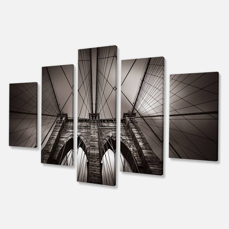 Designart "Brooklyn Bridge in NYC USA" Extra Large Cityscape Wall Art on Canvas - 60 in. wide x 32 in. high - 5 Panels Diamond Shape