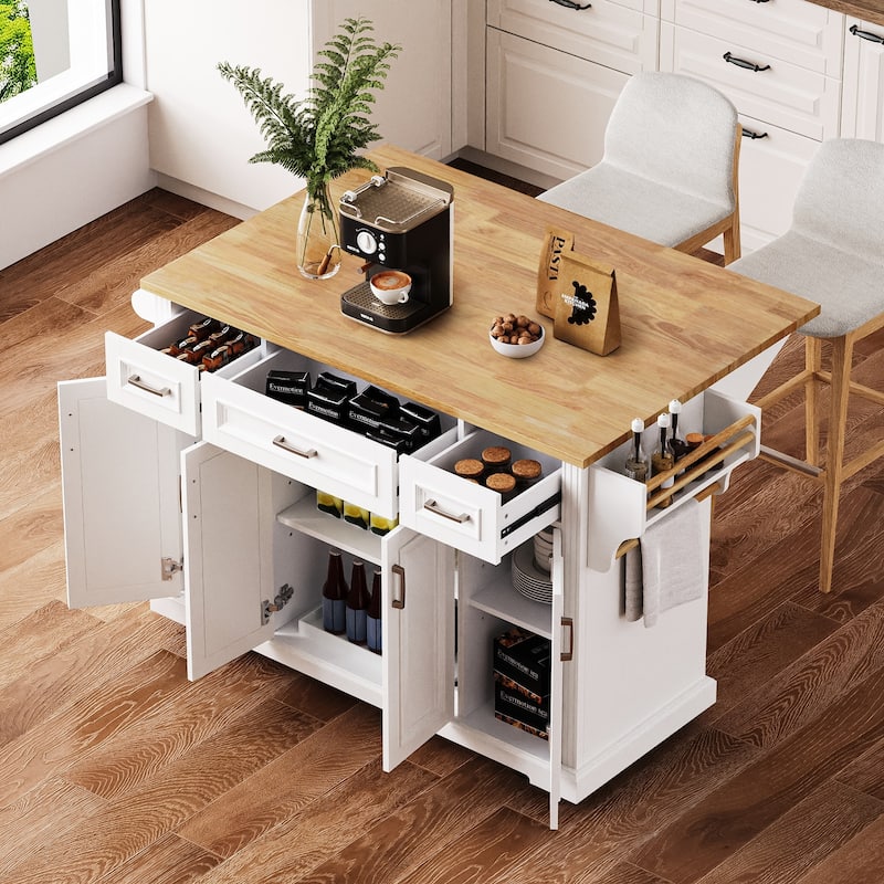 54" Large Rolling Kitchen Island with Rubber Wood Drop Leaf - Embossed Texture Storage Cart with 4 Doors & 3 Drawers for Kitchen