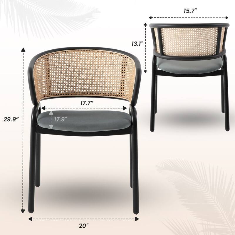 LeisureMod Set of 2 Modern Leather Dining Chair with Wicker Back & Black Steel Frame - Accent Side Armchair for Home Furniture