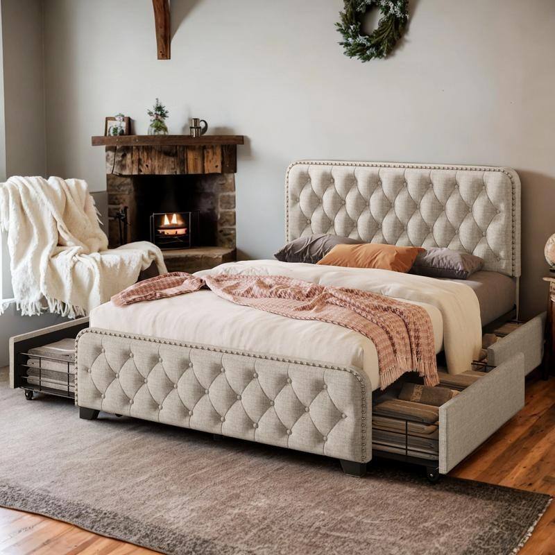 Beige Full Upholstered Platform Bed Frame with 4 Drawers Button Tufted Headboard Comfortable Touch and Footboard