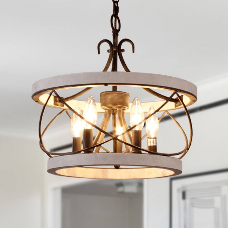 Cusp Barn 15.7 Inch Farmhouse Drum Wood Chandelier, 5-Light Rustic Over Table Chandelier Light Fixtures for Kitchen Island Foyer