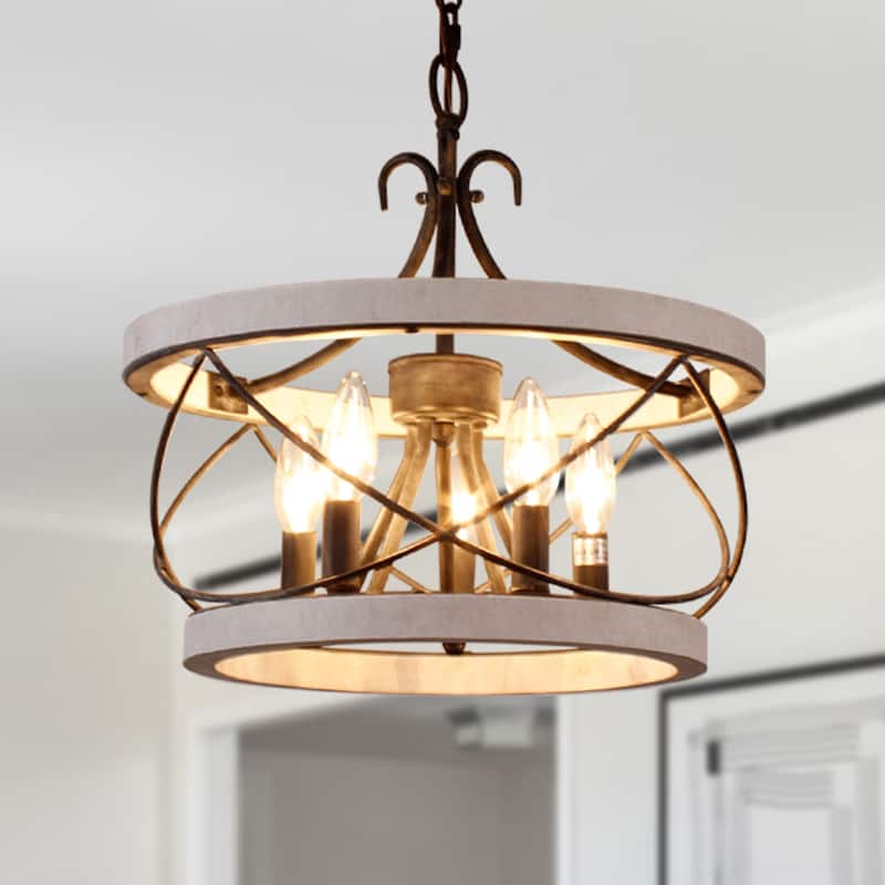 Cusp Barn 5-Light Farmhouse Wood Chandelier Adjustable Handmade Rustic Drum Ceiling Light Fixture Hanging Lamp for Foyer Kitchen - 15.7-inch - Distressed White