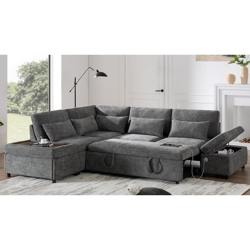 Roomfitters 107'' L-Shaped Sleeper Sectional Sofa Bed with Pull-Out Couch, USB & Type-C, Storage Ottoman