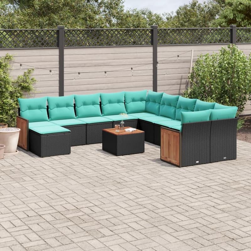 vidaXL 11/12 Piece Patio Sofa Set with Cushions Black/Gray Poly Rattan - 21.7 x 24.4 x 27.2 - Black With table