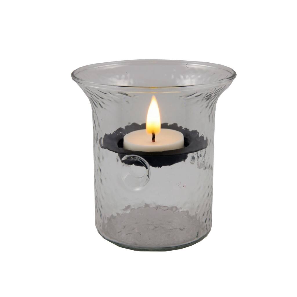 Clear Glass Hammered Flameless LED Hurricane Candle Holder with Candle Tabletop - 4” D x 4” W x 4” H