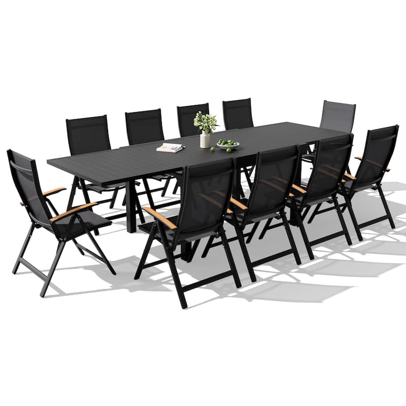 VredHom 11PC Outdoor Patio Aluminum Expandable Rectangle Dining Set Table with Folding Chairs - Black