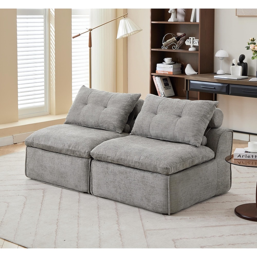 Armless Modular Upholstered Sofa with Lumbar Pillow, Compact Chenille Fabric Sofa Chair for Apartment Small Spaces