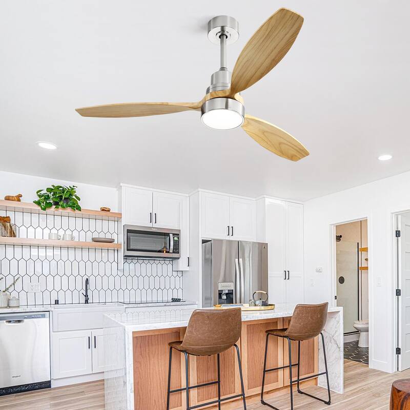 52 Inch Integrated LED Ceiling Fan with Light and Remote Control Solid Wood Blades for Living Room