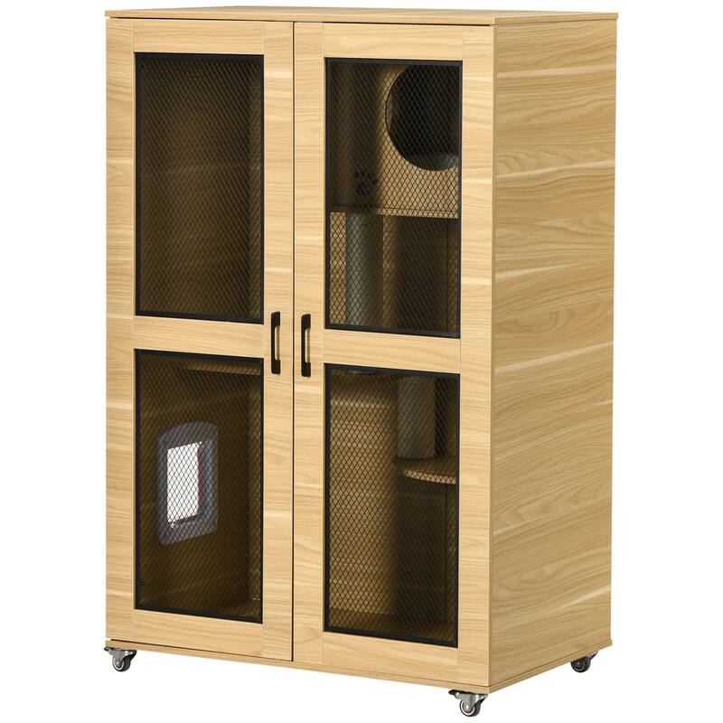 PawHut Luxury Cat House with Wheels, Kitty Cage Catio Villa for Indoor Cats with Scratching Posts - Oak
