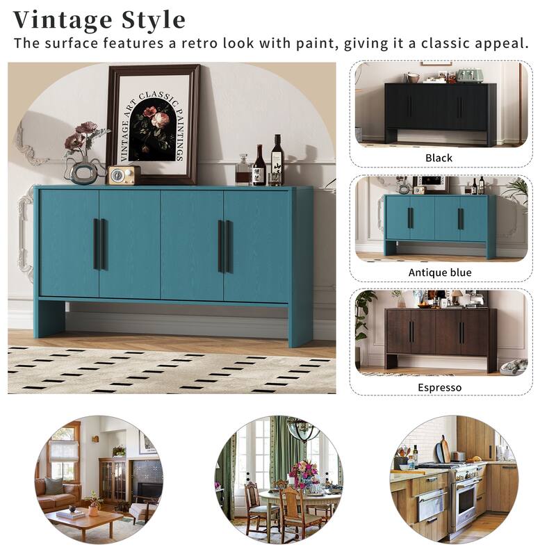 4-Door Retro Sideboard with Adjustable Shelves, Large Storage Cabinet, Antique Blue
