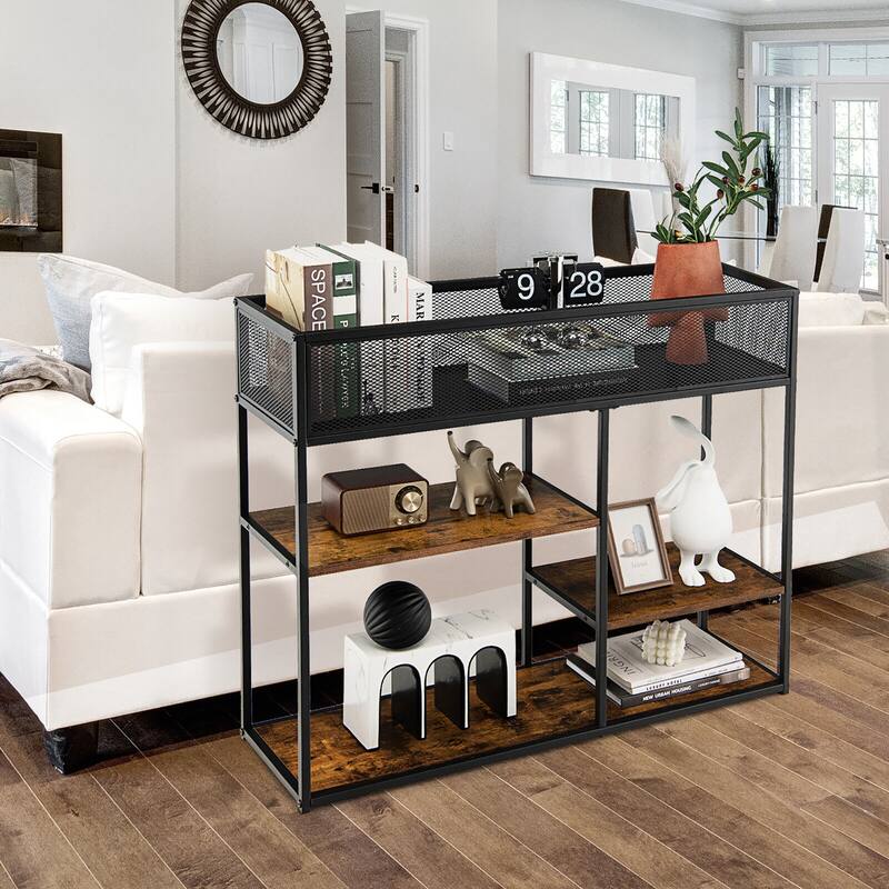 Gymax 4-Tier Console Table w/ Wire Basket Narrow Sofa Table w/ shelf