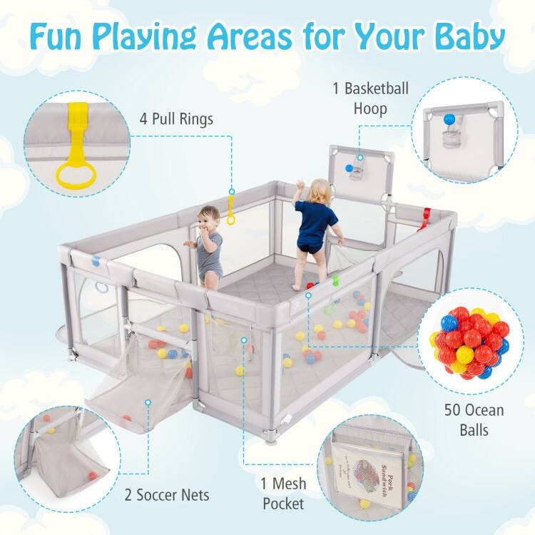 Light Grey Kids Play Yard with Soft Foam Base and 50 Ocean Balls Basketball Hoop and Soccer Nets - 81" x 57" x 27" (L x W x H)