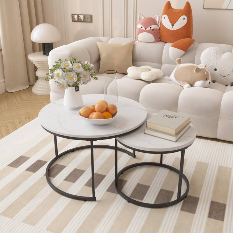 Anmytek Round Nesting Coffee Table Set 2 Piece Wood and Metal Side Tables for Living Room - White