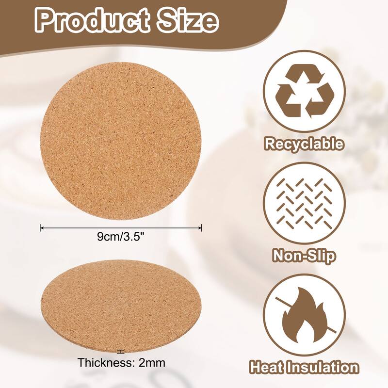 60pcs Round Cork Drink Coasters - Brown - 3.5 Inch